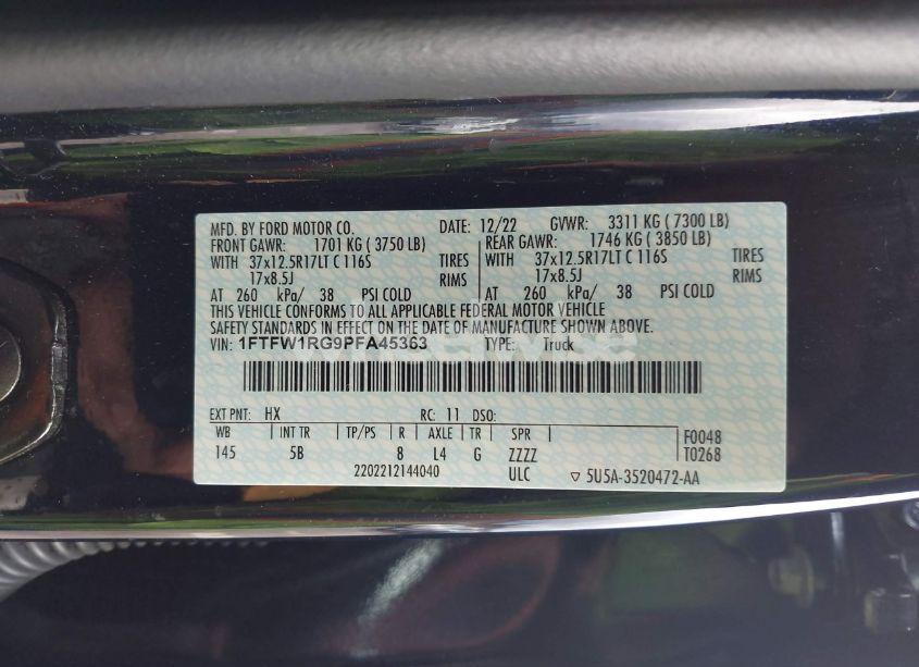 Photo 9 of 2023 Ford F-150 RAPTOR (VIN 1FTFW1RG9PFA45363)