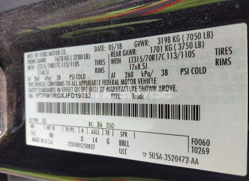 Photo 9 of 2018 Ford F-150 RAPTOR (VIN 1FTFW1RGXJFD19032)