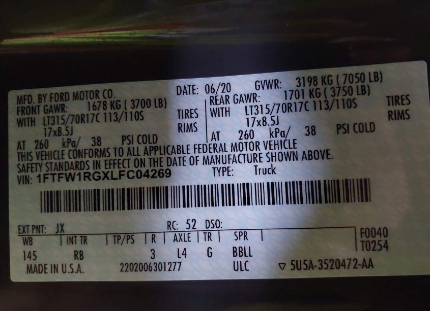 Photo 9 of 2020 Ford F-150 RAPTOR (VIN 1FTFW1RGXLFC04269)