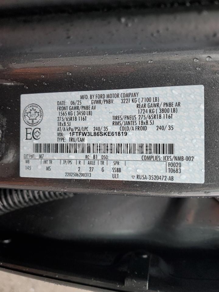 Photo 12 of 2025 FORD F150 XLT (VIN 1FTFW3L86SKE61819)