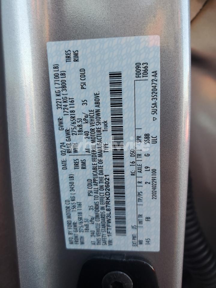 Photo 12 of 2024 FORD F150 XLT (VIN 1FTFW3L87RKD26021)