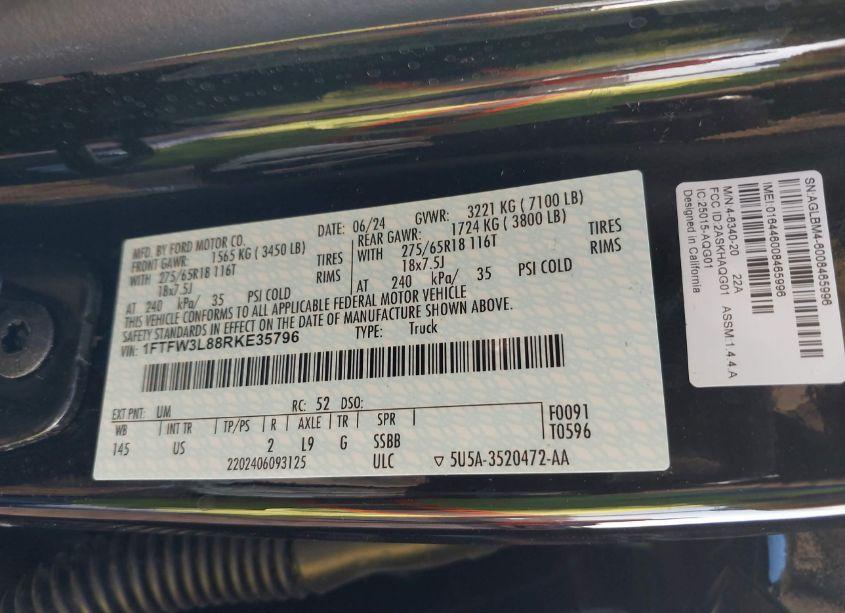 Photo 9 of 2024 Ford F-150 XLT (VIN 1FTFW3L88RKE35796)