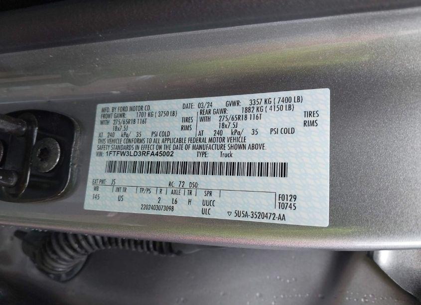 Photo 9 of 2024 Ford F-150 XLT (VIN 1FTFW3LD3RFA45002)