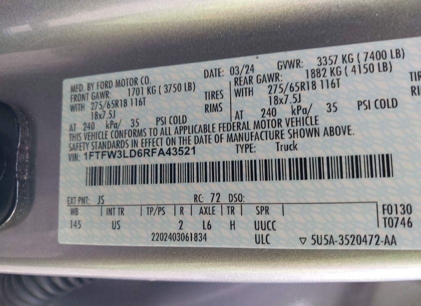 Photo 9 of 2024 Ford F-150 XLT (VIN 1FTFW3LD6RFA43521)