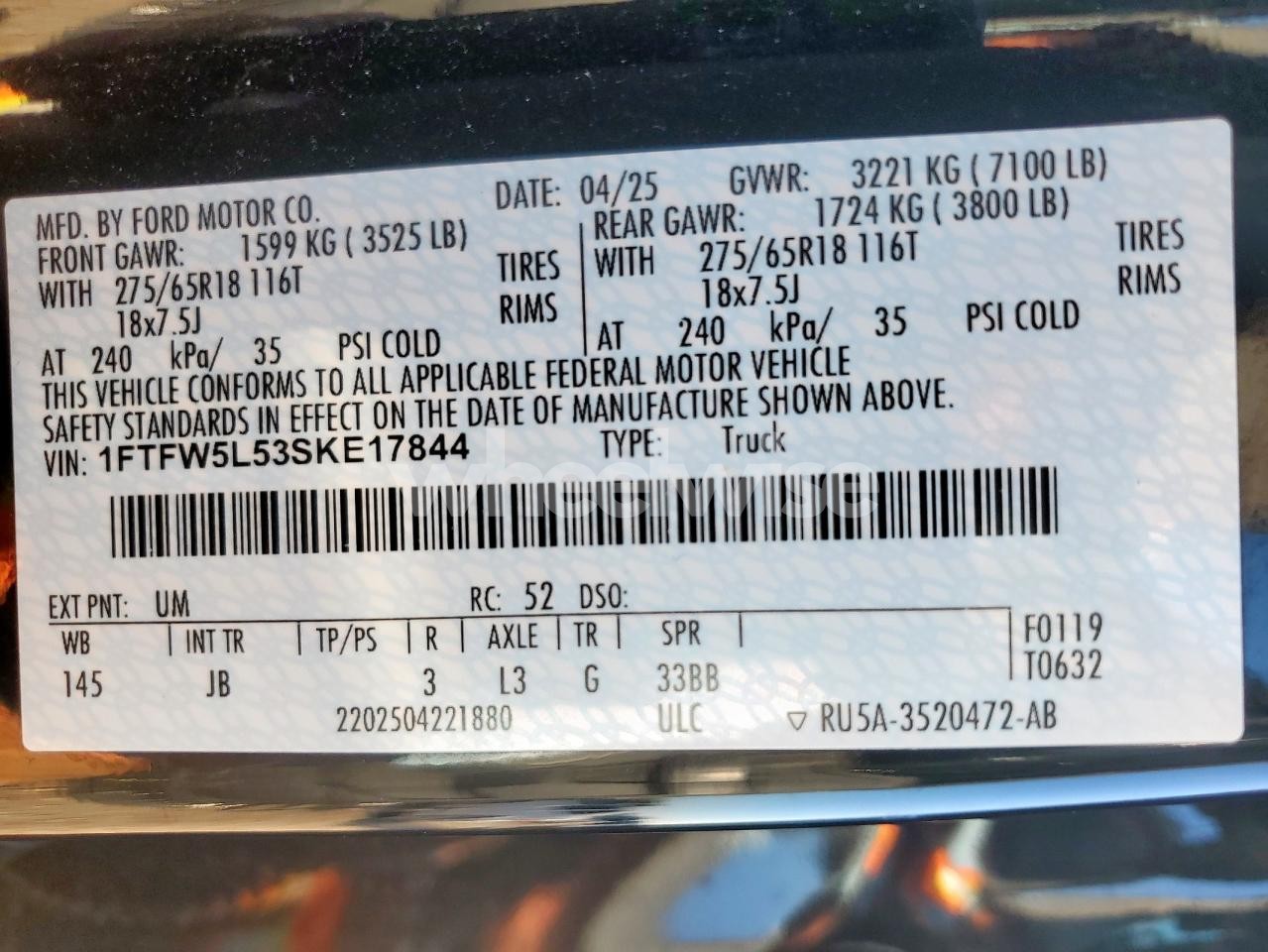 Photo 12 of 2025 FORD F150 LARIAT (VIN 1FTFW5L53SKE17844)