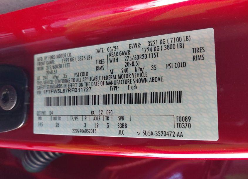 Photo 9 of 2024 Ford F-150 LARIAT (VIN 1FTFW5L87RFB11727)