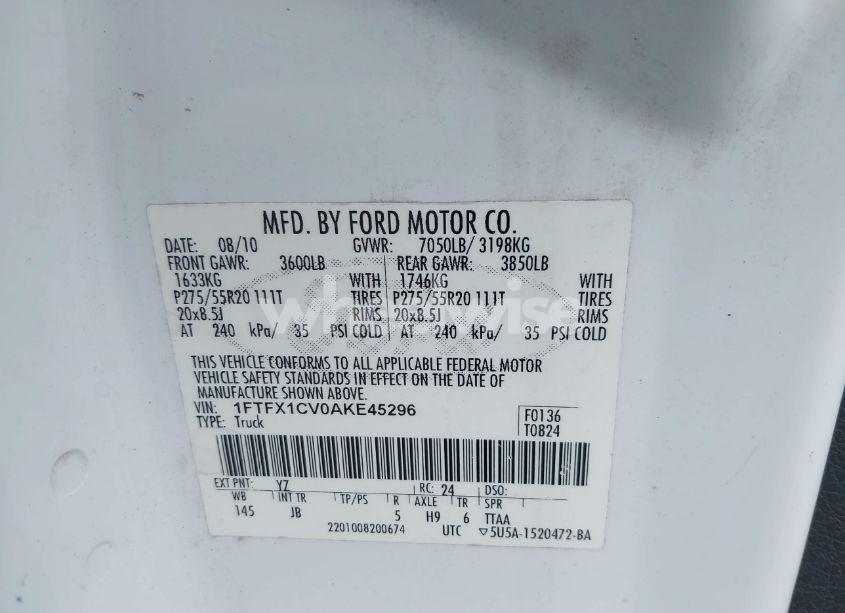 Photo 9 of 2010 Ford F-150 FX2 SPORT/LARIAT/XL/XLT (VIN 1FTFX1CV0AKE45296)