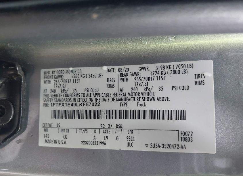 Photo 9 of 2020 Ford F-150 XL (VIN 1FTFX1E49LKF57022)