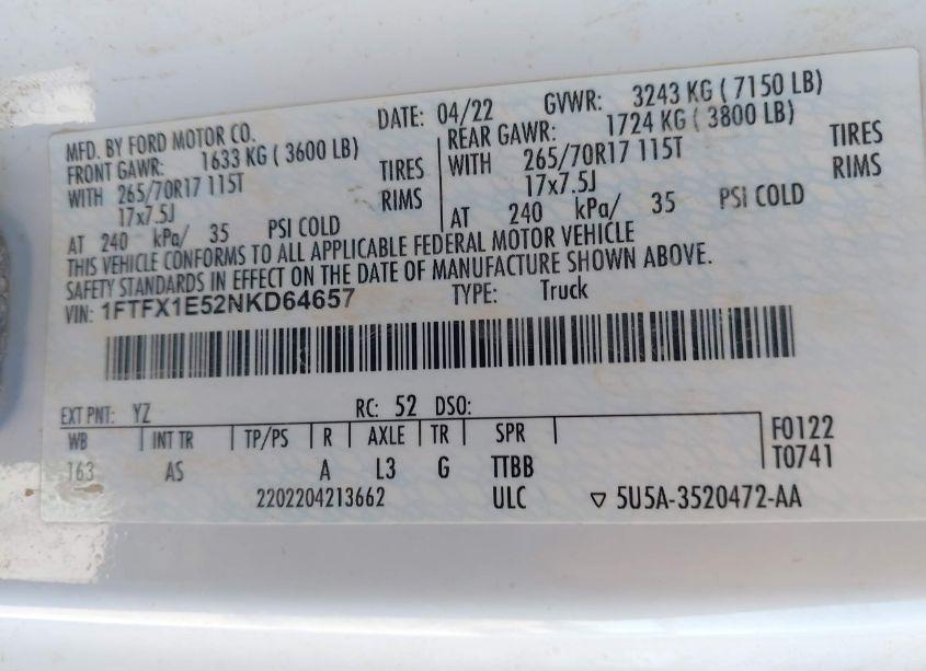 Photo 9 of 2022 Ford F-150 XL (VIN 1FTFX1E52NKD64657)