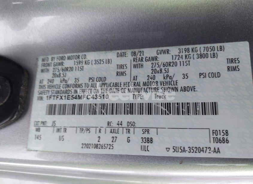 Photo 9 of 2021 Ford F-150 XLT (VIN 1FTFX1E54MFC43510)