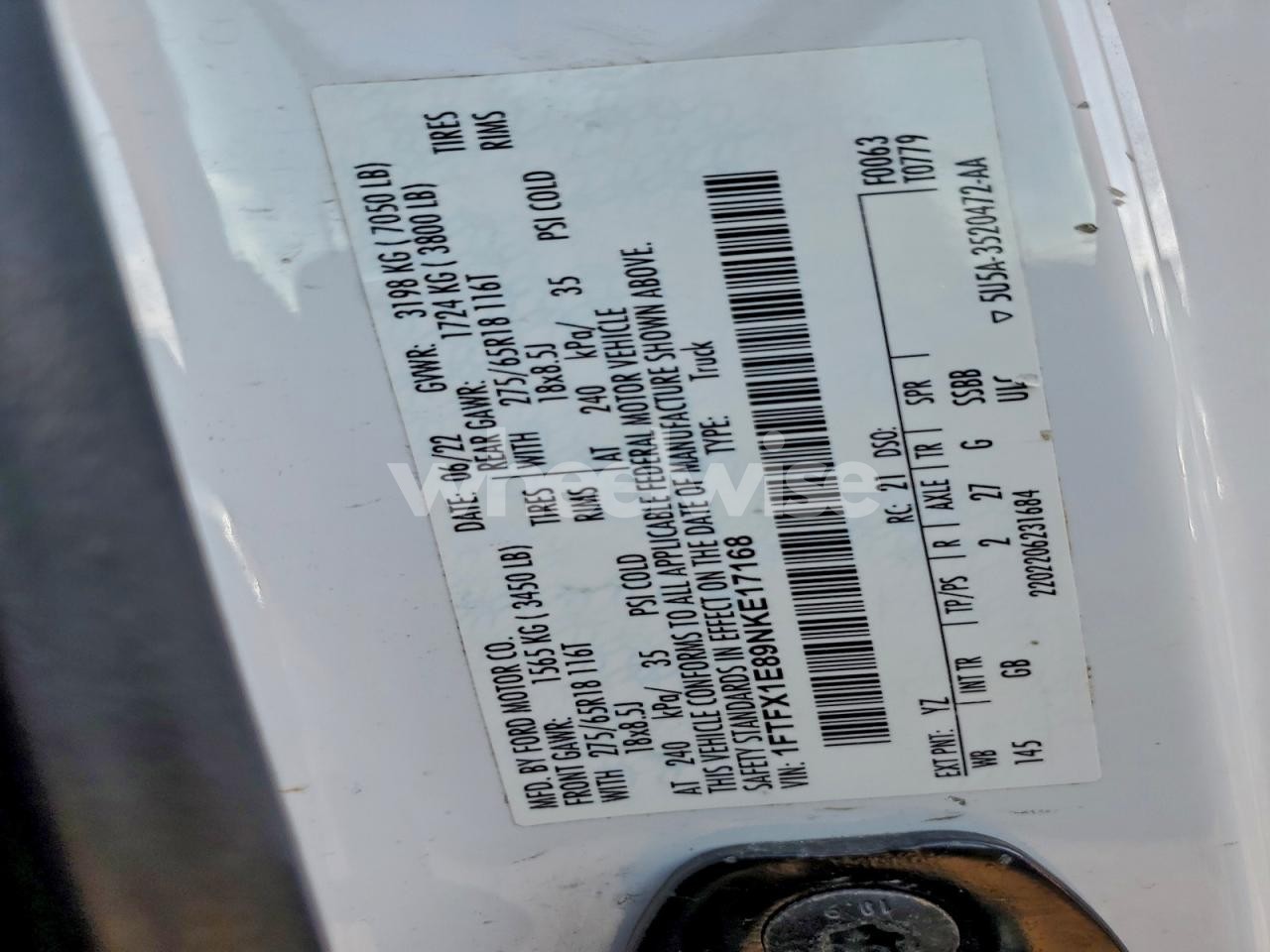 Photo 12 of 2022 FORD F150 SUPER CAB (VIN 1FTFX1E89NKE17168)