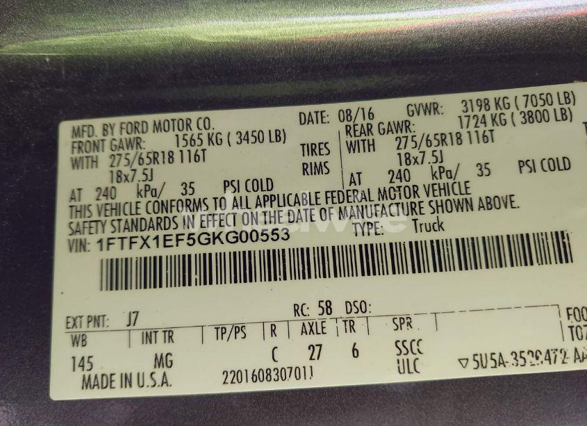 Photo 9 of 2016 Ford F-150 XLT (VIN 1FTFX1EF5GKG00553)