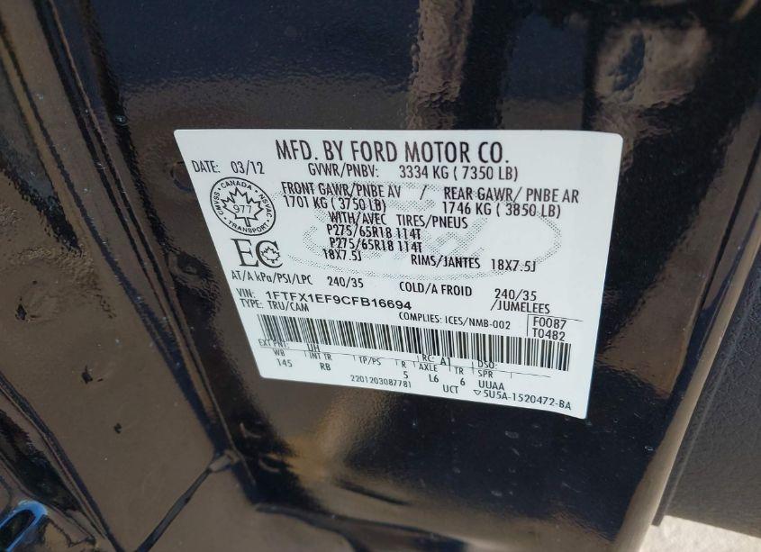Photo 9 of 2012 Ford F-150 FX4 (VIN 1FTFX1EF9CFB16694)