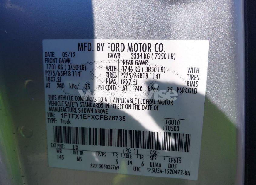 Photo 9 of 2012 Ford F-150 XLT (VIN 1FTFX1EFXCFB78735)