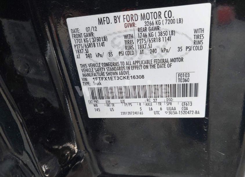 Photo 9 of 2012 Ford F-150 XLT (VIN 1FTFX1ET3CKE16308)