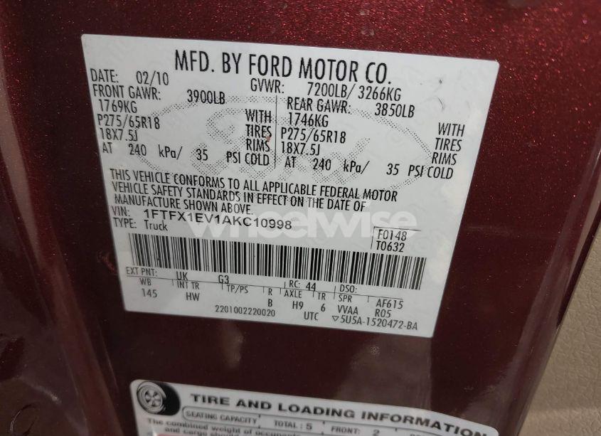 Photo 9 of 2010 Ford F-150 FX4/LARIAT/XL/XLT (VIN 1FTFX1EV1AKC10998)