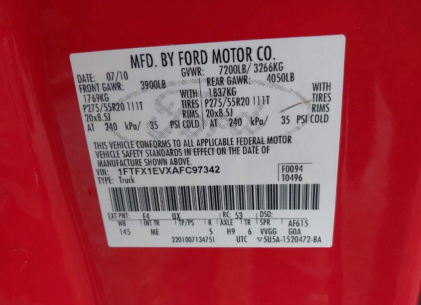 Photo 9 of 2010 Ford F-150 FX4/LARIAT/XL/XLT (VIN 1FTFX1EVXAFC97342)