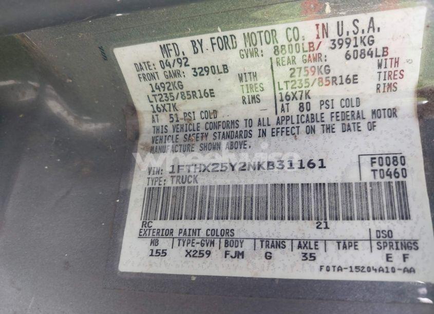 Photo 9 of 1992 Ford F250 N/A (VIN 1FTHX25Y2NKB31161)