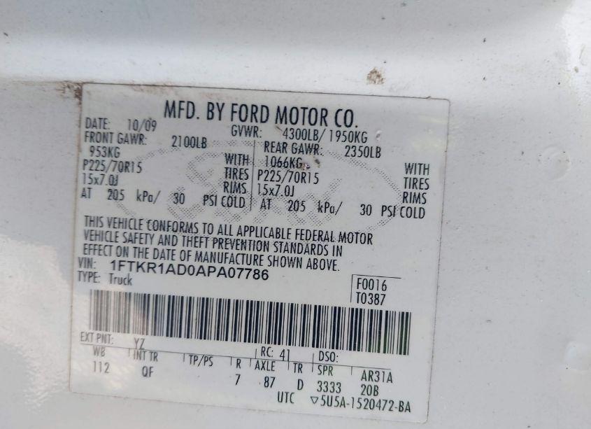 Photo 9 of 2010 Ford Ranger XL (VIN 1FTKR1AD0APA07786)