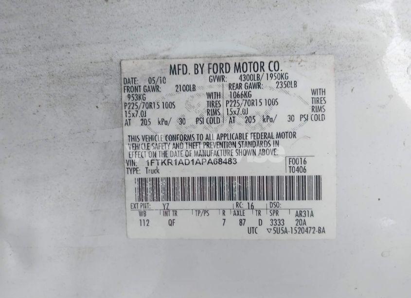 Photo 9 of 2010 Ford Ranger XL/XLT (VIN 1FTKR1AD1APA68483)