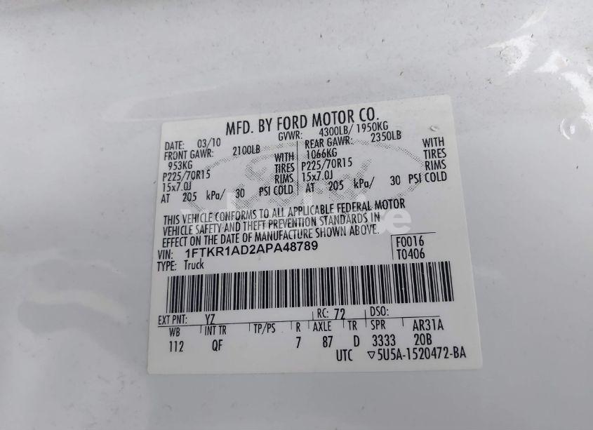 Photo 9 of 2010 Ford Ranger XL/XLT (VIN 1FTKR1AD2APA48789)