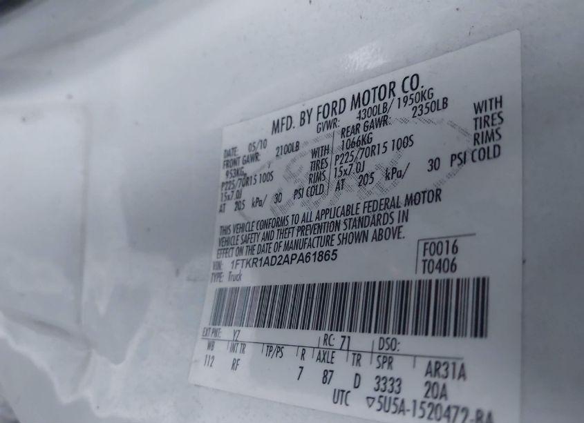 Photo 9 of 2010 Ford Ranger XL/XLT (VIN 1FTKR1AD2APA61865)