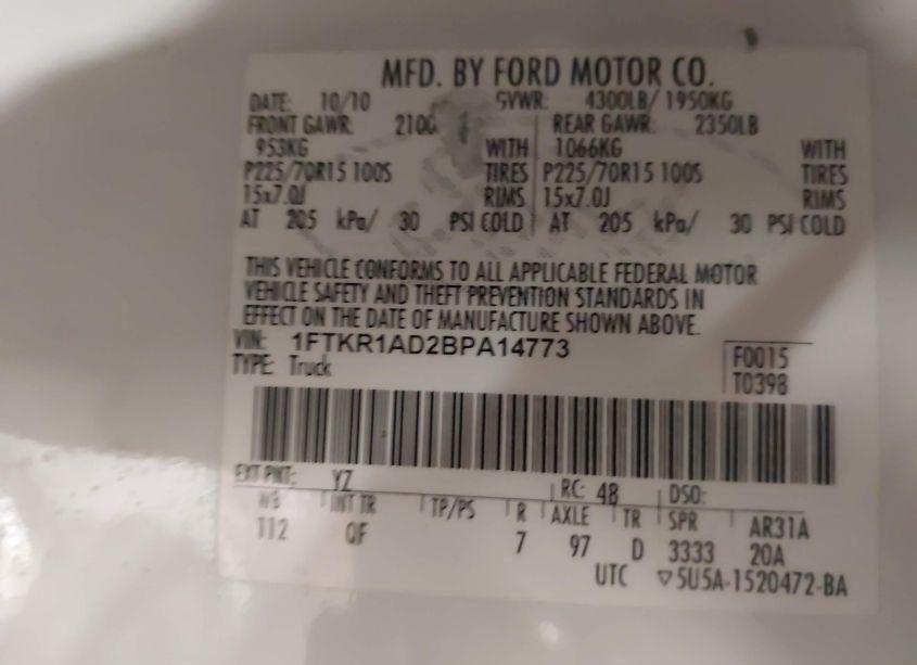 Photo 9 of 2011 Ford Ranger XL (VIN 1FTKR1AD2BPA14773)