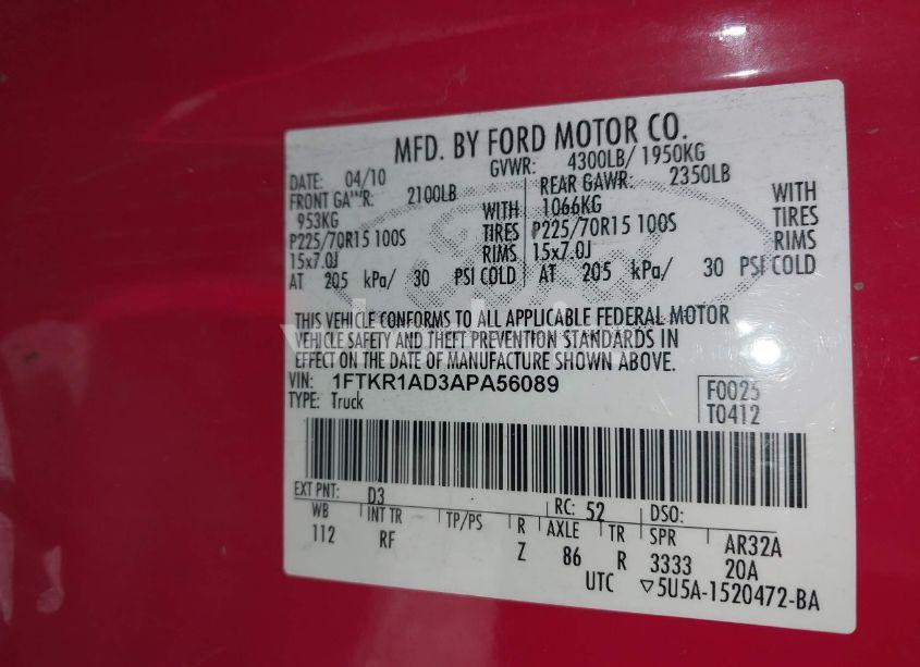 Photo 9 of 2010 Ford Ranger XL/XLT (VIN 1FTKR1AD3APA56089)