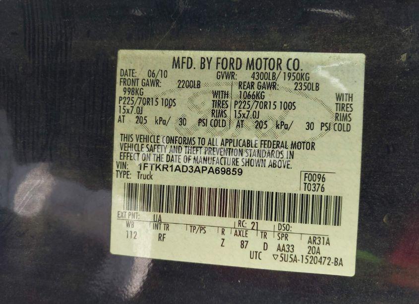 Photo 9 of 2010 Ford Ranger XL/XLT (VIN 1FTKR1AD3APA69859)