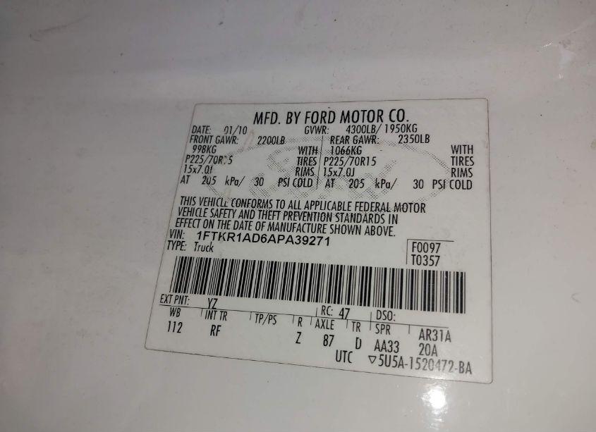 Photo 9 of 2010 Ford Ranger XL/XLT (VIN 1FTKR1AD6APA39271)