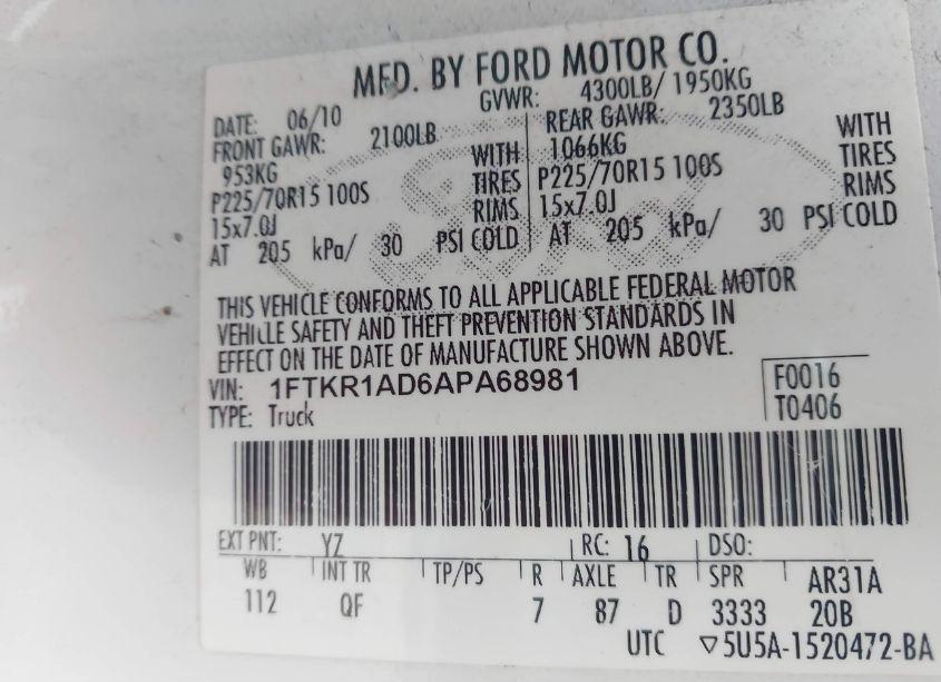 Photo 9 of 2010 Ford Ranger XL/XLT (VIN 1FTKR1AD6APA68981)