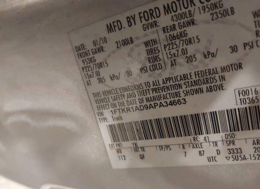 Photo 9 of 2010 Ford Ranger XL/XLT (VIN 1FTKR1AD9APA34663)