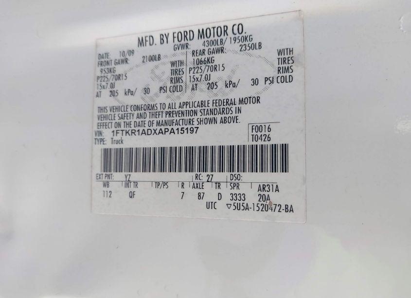 Photo 9 of 2010 Ford Ranger XL/XLT (VIN 1FTKR1ADXAPA15197)