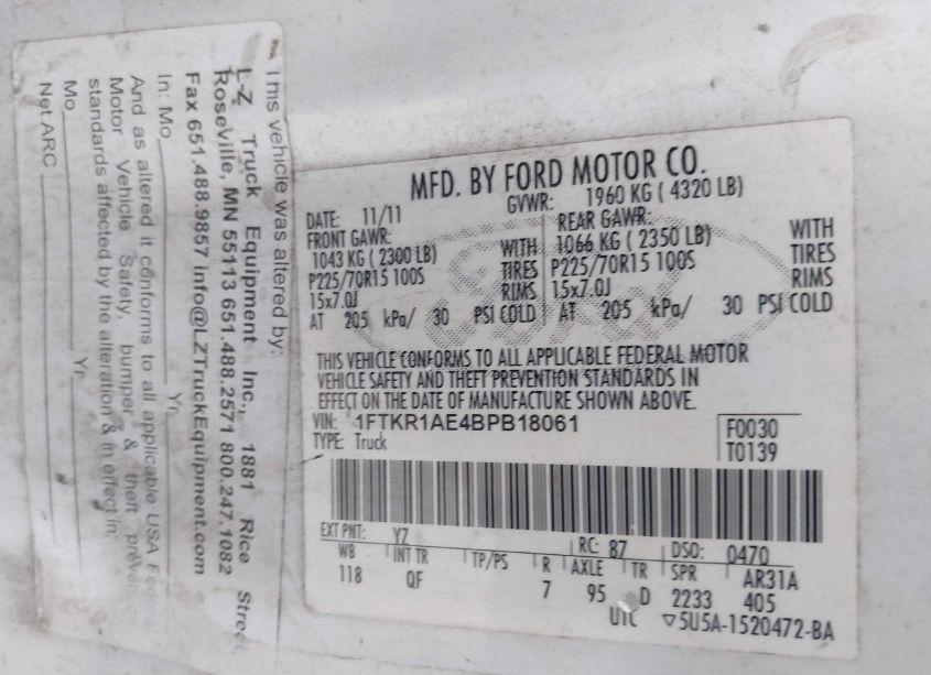 Photo 9 of 2011 Ford Ranger XL (VIN 1FTKR1AE4BPB18061)