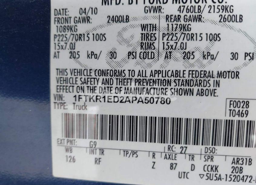 Photo 9 of 2010 Ford Ranger XL/XLT (VIN 1FTKR1ED2APA50780)