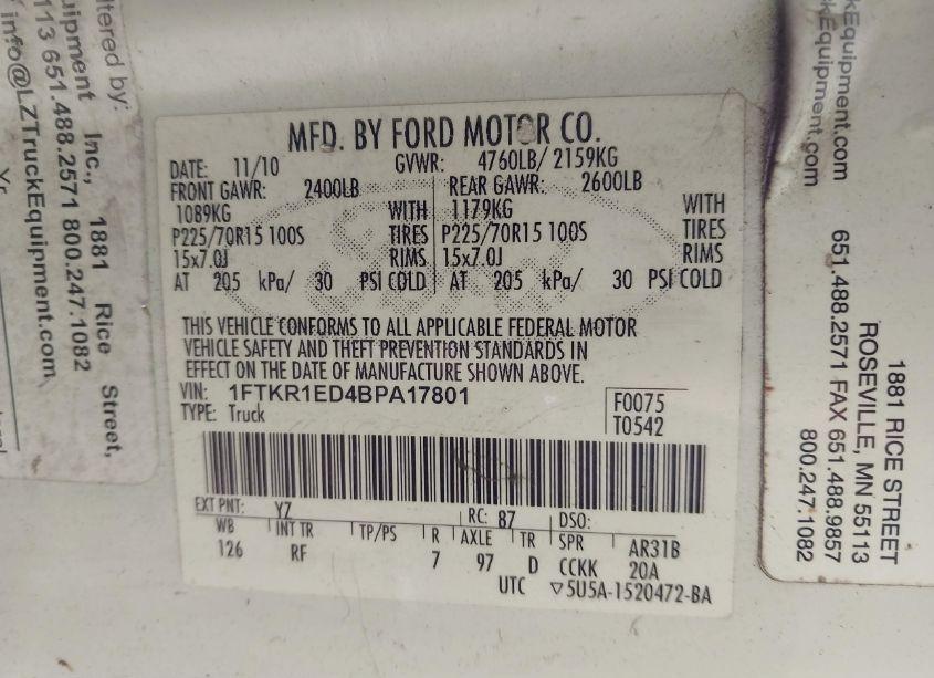 Photo 9 of 2011 Ford Ranger XL (VIN 1FTKR1ED4BPA17801)