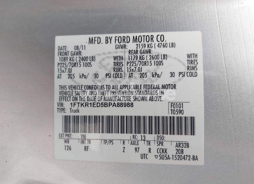 Photo 9 of 2011 Ford Ranger XL (VIN 1FTKR1ED5BPA88988)