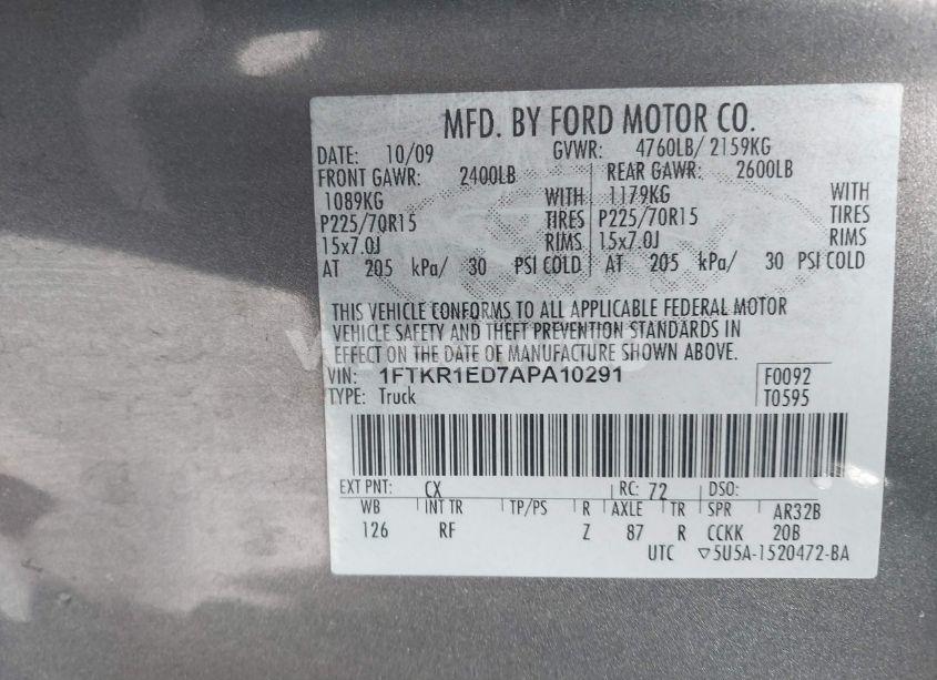 Photo 9 of 2010 Ford Ranger XL/XLT (VIN 1FTKR1ED7APA10291)