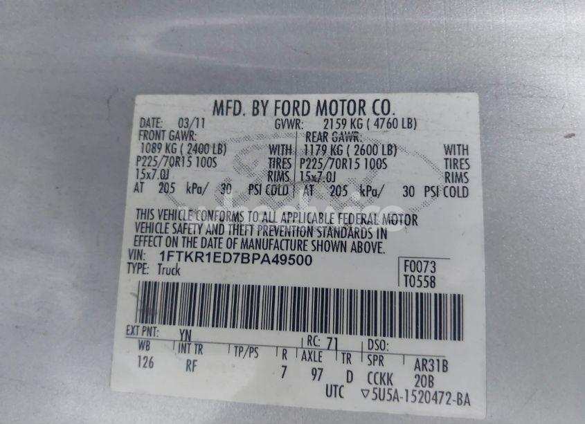 Photo 9 of 2011 Ford Ranger XL (VIN 1FTKR1ED7BPA49500)