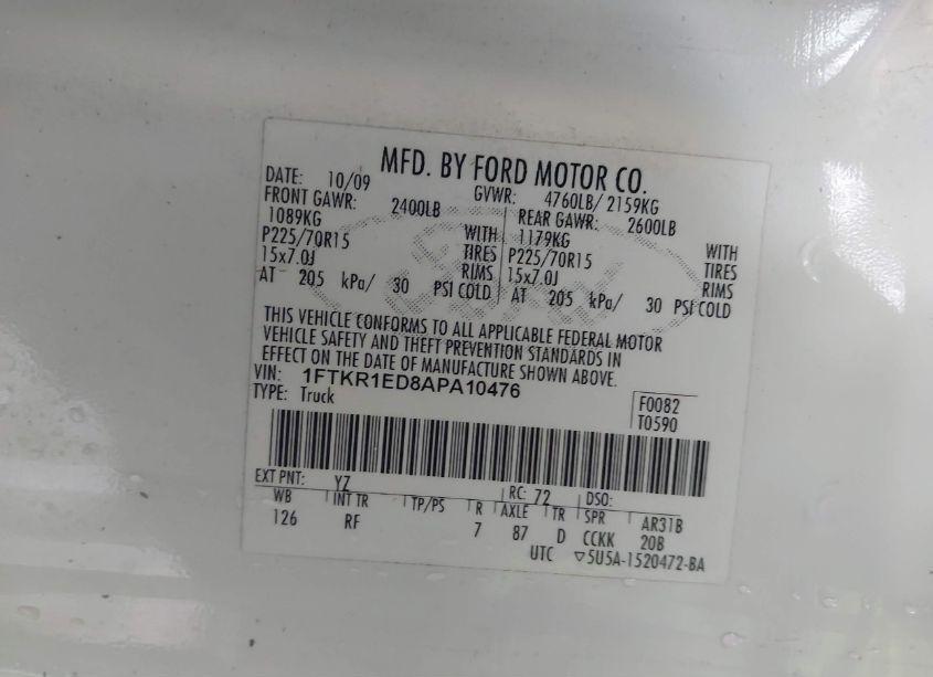 Photo 9 of 2010 Ford Ranger XL (VIN 1FTKR1ED8APA10476)