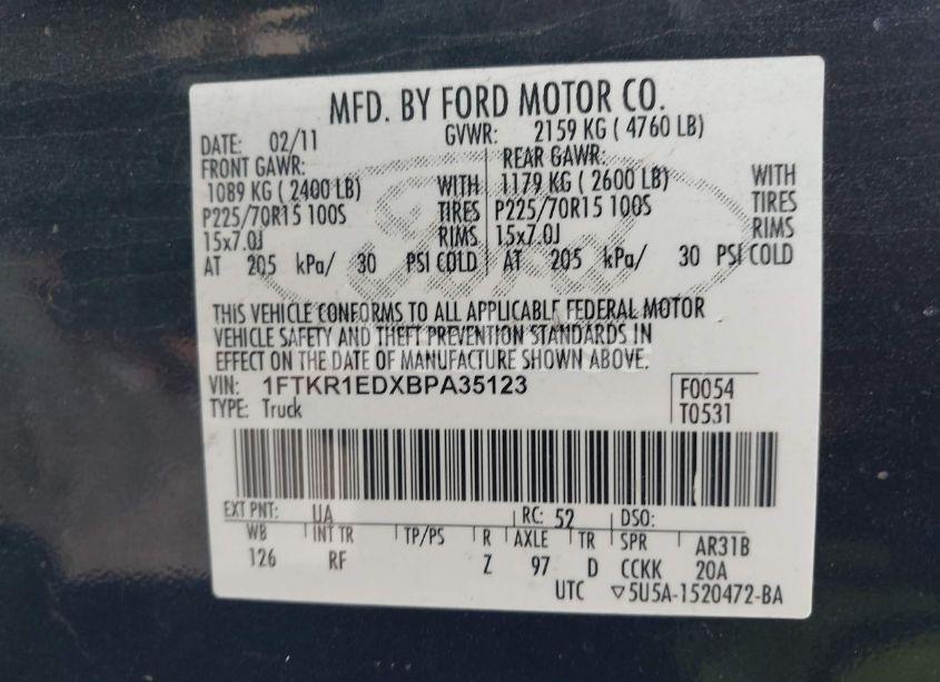 Photo 9 of 2011 Ford Ranger XLT (VIN 1FTKR1EDXBPA35123)