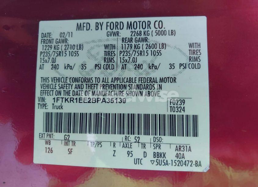 Photo 9 of 2011 Ford Ranger SPORT (VIN 1FTKR1EE2BPA35139)