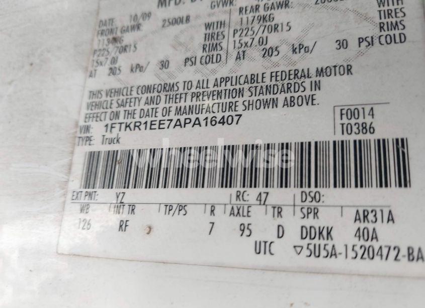 Photo 9 of 2010 Ford Ranger SPORT/XL/XLT (VIN 1FTKR1EE7APA16407)