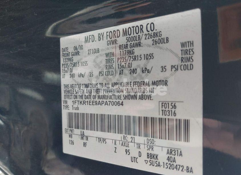 Photo 9 of 2010 Ford Ranger SPORT/XL/XLT (VIN 1FTKR1EE9APA70064)