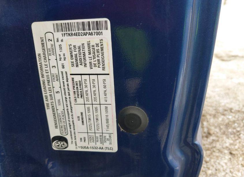 Photo 9 of 2010 Ford Ranger XL (VIN 1FTKR4ED2APA67001)