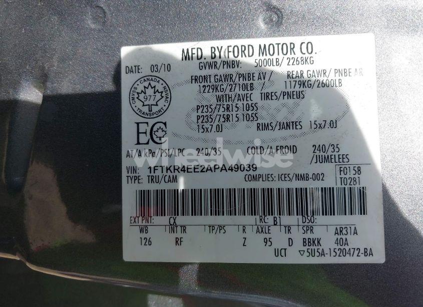 Photo 9 of 2010 Ford Ranger SPORT (VIN 1FTKR4EE2APA49039)