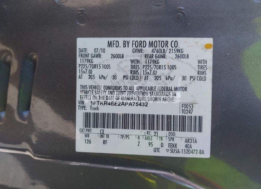 Photo 9 of 2010 Ford Ranger SPORT/XLT (VIN 1FTKR4EE2APA75432)