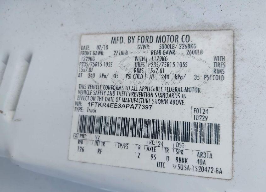 Photo 9 of 2010 Ford Ranger SPORT/XLT (VIN 1FTKR4EE3APA77397)