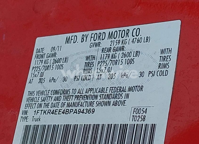 Photo 9 of 2011 Ford Ranger XLT (VIN 1FTKR4EE4BPA94369)