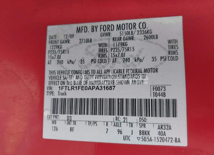 Photo 9 of 2010 Ford Ranger XL (VIN 1FTLR1FE0APA31687)